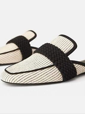 🌿 Zara Black & Beige Striped Mule, Size  40 ~ EUC